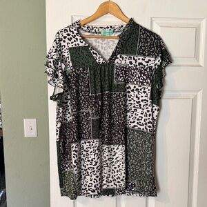 Sunshine and Rodeos Leopard Patchwork V-Neck Blouse